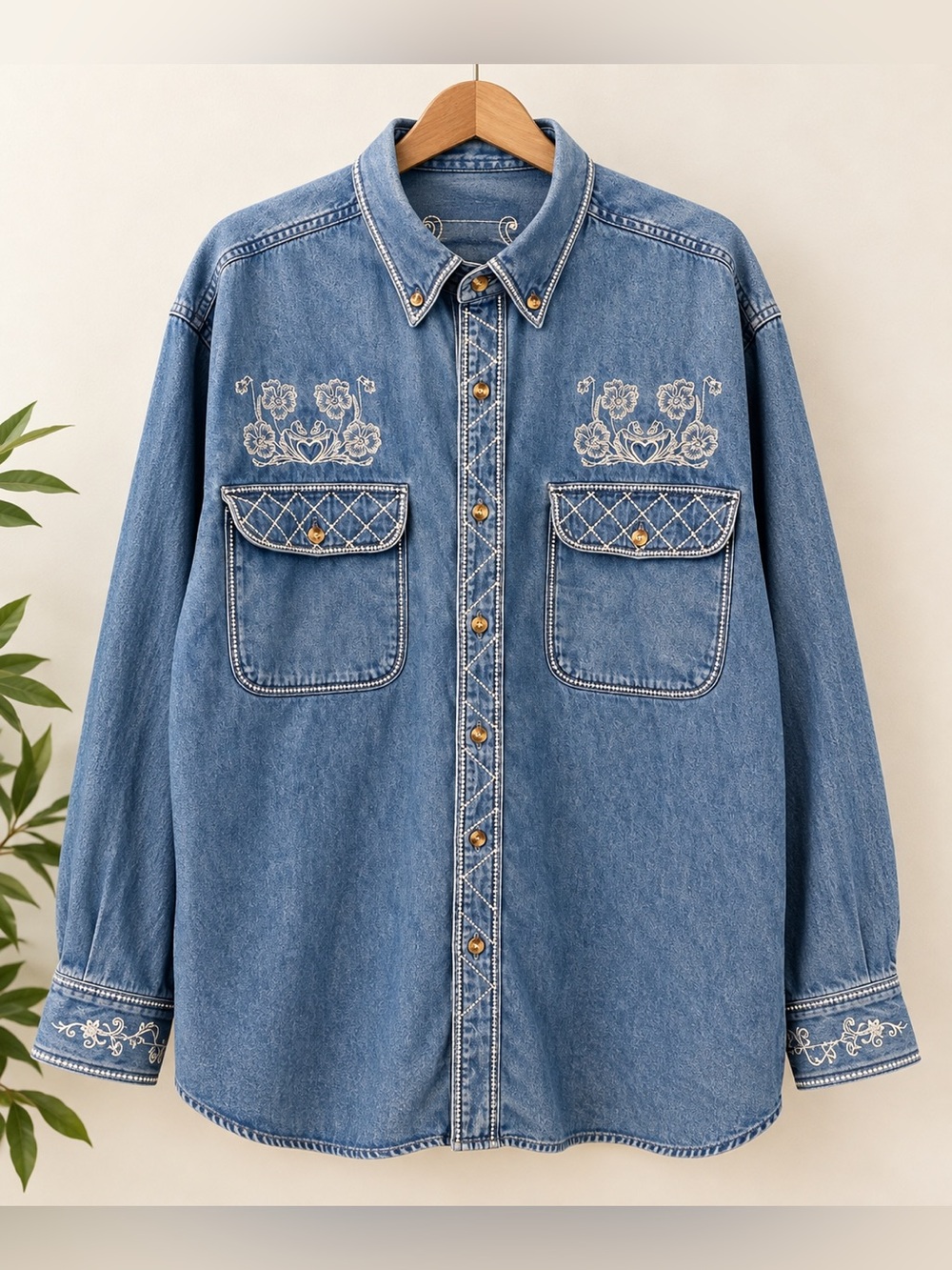 VTG 90s 100% Cotton Denim Shirt Floral Embroidered Western Button Up Butter Mom